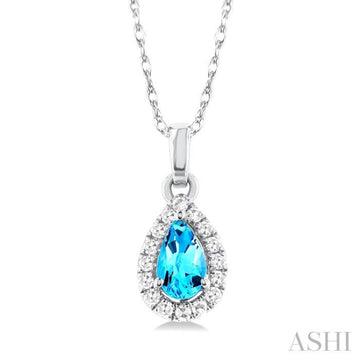 5x3 MM Pear Shape Blue Topaz and 1/20 Ctw Single Cut Diamond Halo Semi-Precious Pendant with Chain in 14K White Gold